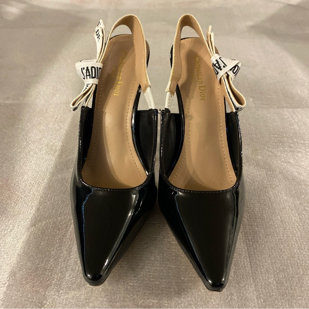 Dior Black Patent Leather Pointed Slingback Heels with White Logo Strap - Picture 2 of 5